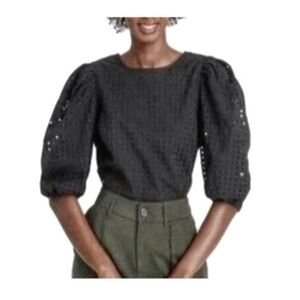 A New Day Puffy Sleeve Black Cotton Eyelet-Lace Puff-Sleeve Top Tie Blouse
